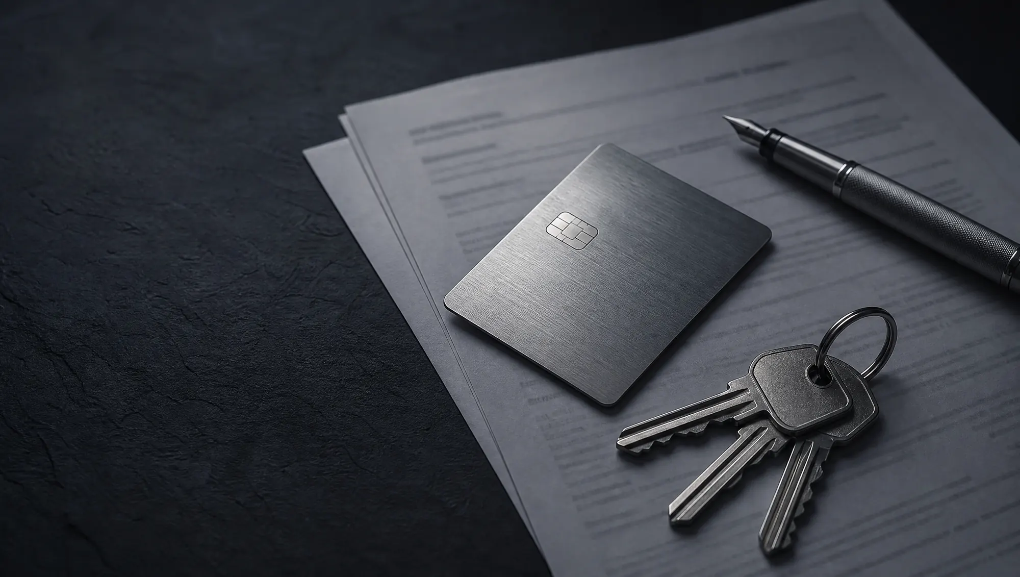 A platinum card, house keys, and a pen resting on a printed credit report